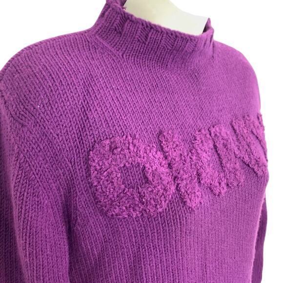 Donna Karen DKNY Purple Chunky Knit Mock Neck Sweater Logo Textured Raised XS - Picture 2 of 16